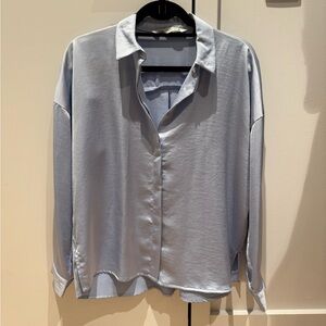 Zara, Elegant Satin Blue Button-Up Blouse, S